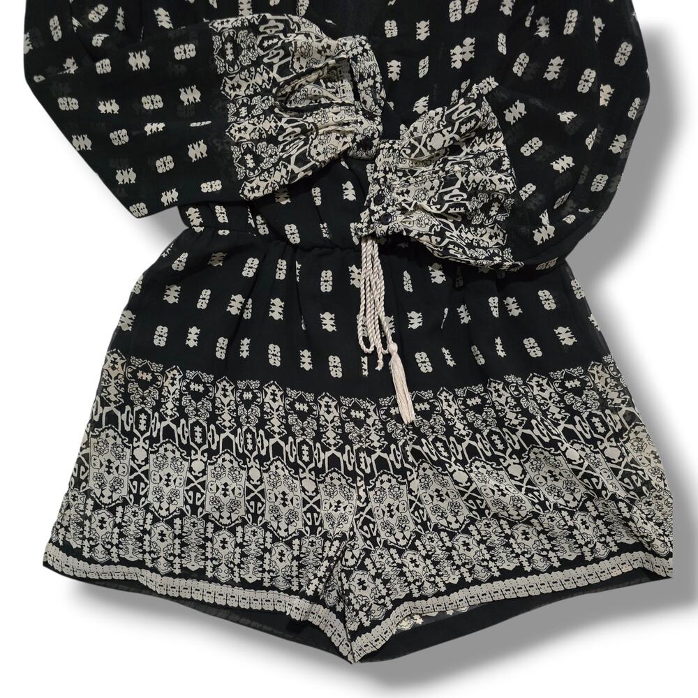 Japna Women’s Black Boho Long Sleeve Romper with Tassel Tie Waist – Size Medium - Picture 2 of 7